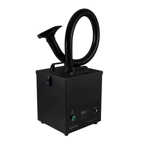 Three Stage Soldering Fume Extractor With HEPA And Activated Carbon Filters, 135W Pro Grade, side view with flexible hose.