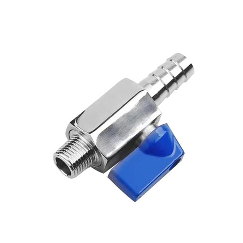 Angled side view of stainless steel shut-off valve with blue lever, 1/4 in NPT male x 1/4 in hose barb.
