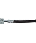 Front-right brake hydraulic hose assembly with black hose and silver fittings; left mounting block visible.