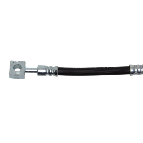 Front-right brake hydraulic hose assembly with black hose and silver fittings; left mounting block visible.