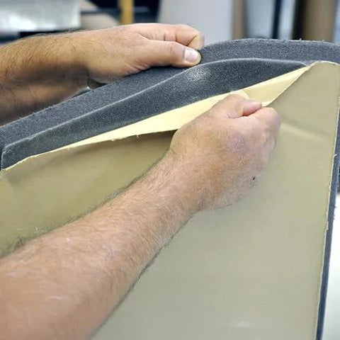 Design Engineering Boom Mat black sound-deadening headliner, close-up peel-and-stick install on Wrangler JL 4-door.