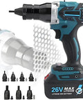 Cordless Rivet Nut Tool Set With 5200mAh Battery Electric Nutsert Installer Gun with various drill bits and mesh background.