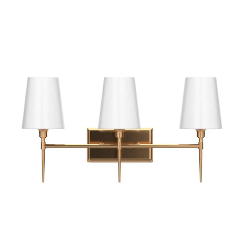 Three Light Gold Vanity Light Fixture With White Fabric Shade For Modern Bathroom, 23 Inch Length, Olympic Torch Inspired Design