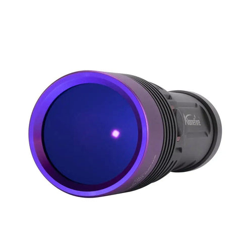 SV53 15W 365nm UV Flashlight Pro Grade USB Rechargeable Black Light front view with purple lens.