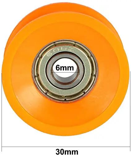Dead Reliable 2 Pack V Groove Bearing Pulley Rail Ball Wheel with Heavy Duty Steel Bearings, 30mm diameter, orange nylon, for DIY projects.