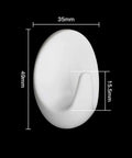 Heavy Duty Adhesive Wall Hooks For Bathroom And Kitchen Built Tough With Super Grip Oil Resistant Plastic Surface Mounts Zero Hole Punch Needed Fully Waterproof Set Of Three White Units showing dimensions 35mm x 15.5mm x 49mm.