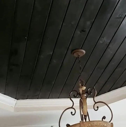 Straight Up True Ebony Aging Wood Stain For Bare Interior Wood Projects One Coat Water Based Dark Finish on wood ceiling.