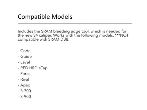 Do It Yourself Friendly SRAM Hydraulic Brake Bleed Kit compatibility list with models Code, Guide, Level, RED HRD eTap, not DB8