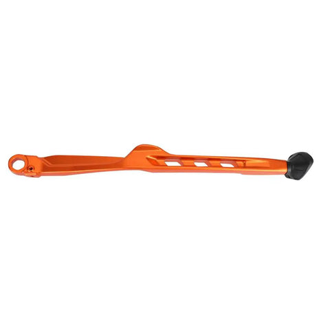 Rugged Side Stand With Springs For Dirt Bikes 2024 Style Orange Aluminum CNC Lightweight Rustproof Kickstand Fits XC EXC EXC F TE TX FE EC ES 125 150 250 300 350 450 500 visible in side view.