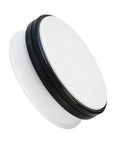 Stunning White Motorized Rotating Display Stand With Mirror Finish Turntable For Jewelry Watches Digital Gadgets And Collectibles 5Kg Capacity Smooth Spinning Showcase For Photography Retail Stores, side angle view.