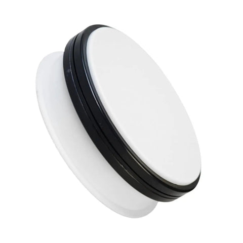 Stunning White Motorized Rotating Display Stand With Mirror Finish Turntable For Jewelry Watches Digital Gadgets And Collectibles 5Kg Capacity Smooth Spinning Showcase For Photography Retail Stores, side angle view.