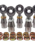 Heavy Duty 1/2 Inch Bore Four Link Rod End Kit With Convertible Bung Cones And Drop Dead Tough Teflon Kevlar Bearings set with steel joints and nuts.