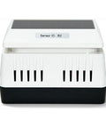 Front view of PM2.5 Wireless Outdoor Particulate Monitor with Sensirion Sensor, solar powered, black and white casing