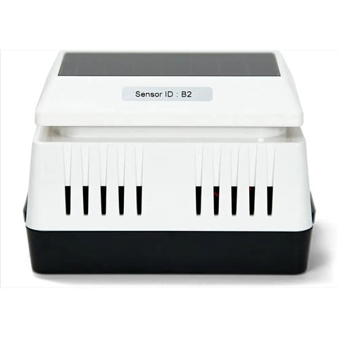 Front view of PM2.5 Wireless Outdoor Particulate Monitor with Sensirion Sensor, solar powered, black and white casing