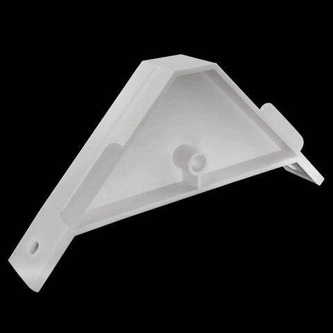 Dead Simple Twelve Piece Set Of Crisp White Plastic Ninety Degree Cabinet Triangle Brackets Knockout Corner Support Braces For Furniture And Quick Fixups, close-up view of an angled bracket.