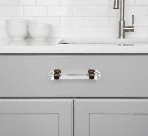 Kitchen cabinet with 10 Pack No-Brainer Oil Rubbed Bronze Glass Cabinet Handle Pulls, 3 Inch Hole Centers, installed on gray drawer.