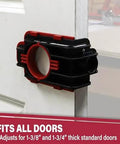 Door Lock Installation Kit With Jig For Wood And Metal Doors Fits Standard Doors From One And Three Eighths Inches To One And Three Quarters Inches Thick Includes Bi Metal Cobalt Hole Saws And Step Drill Guide For Precise Easy Lock Installation No Fuss attached to a white wooden door showing black and red jig. Fits 1-3/8 to 1-3/4 inch thick doors.