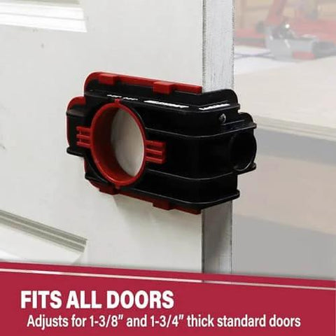 Door Lock Installation Kit With Jig For Wood And Metal Doors Fits Standard Doors From One And Three Eighths Inches To One And Three Quarters Inches Thick Includes Bi Metal Cobalt Hole Saws And Step Drill Guide For Precise Easy Lock Installation No Fuss attached to a white wooden door showing black and red jig. Fits 1-3/8 to 1-3/4 inch thick doors.