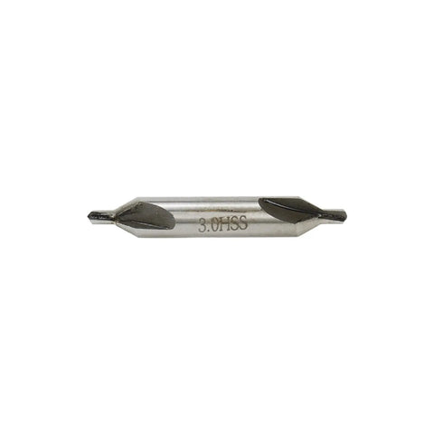 Straight Up Rock Solid HSS Center Drill Bits With Bang On Point 3Mm Tip And Clean 60 Degree Cut Perfect For Shop Lathes And Metal Projects Comes As A No Nonsense 10 Piece Set, showing a 3mm tip center drill.