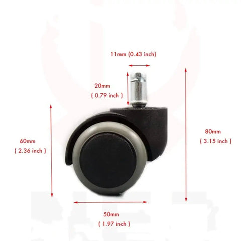 Silent Glide Office Chair Casters Twin Wheel Design 2 Inch Soft Rubber Rollers with dimensions for precise fitting