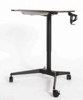 Adjustable Height Standing Desk With Tilt Top Design Foldable Computer Workstation Ergonomic Home Office Table No Sweat Setup Game Changer For Your Daily Hustle Includes Cup Holder, featuring black base and wheels.