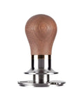 Heavy Duty Stainless Steel Coffee Tamper With Adjustable Diameter And Rock Solid Flat Base Straight Up with wooden handle, perfect for baristas.