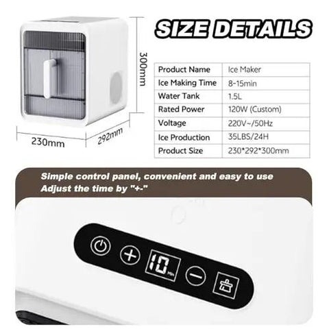 Hassle Free Self Cleaning Countertop Ice Maker Making Chunky Ice In Ten Minutes Flat Portable One Point Five Liter Setup with control panel and size details.