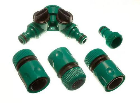 2 Pack 3 Way Garden Hose Splitter, Quick Fix Push Connector Fits 12mm Half Inch Hoses, various green adapters and connectors for garden use.