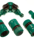 10 Pack Push Fit Garden Hose Adapter Toolkit With Crimping Wrench And Ball Valve 12 Mm Green Plastic Coupler components displayed on white background.