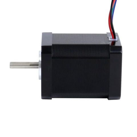 Side view of a black NEMA 17 stepper motor with a protruding shaft on the left and multi-color wires on top