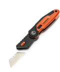 Folding Utility Knife With Tool Free Blade Change, Slim Thumb Bridge Grip, End Cap Storage For 3 Spare Blades displayed open
