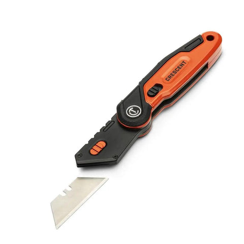 Folding Utility Knife With Tool Free Blade Change, Slim Thumb Bridge Grip, End Cap Storage For 3 Spare Blades displayed open