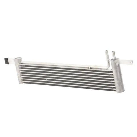 Heavy Duty Aluminum Transmission Oil Cooler For Ford Mustang 2015-2022, Perfect Replacement That Upgrades Heat Sinking For Better Performance And Keeps Things Running Smooth Under Pressure Without Breakdowns. Front view of aluminum transmission oil cooler with dual fittings