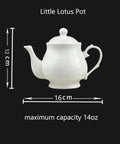 Gooseneck Porcelain Teapot With Lotus Design, 14oz Ceramic Tea Pot, white porcelain, side view with dimensions