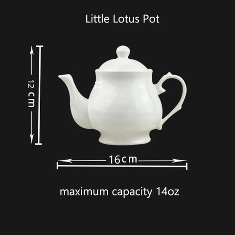 Gooseneck Porcelain Teapot With Lotus Design, 14oz Ceramic Tea Pot, white porcelain, side view with dimensions