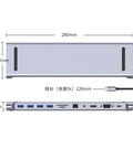 Sleek USB Type C Docking Station With Dual Display Hookup For Laptops Plug And Play Config dimensions, ports, and cable connection view.