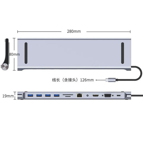 Sleek USB Type C Docking Station With Dual Display Hookup For Laptops Plug And Play Config dimensions, ports, and cable connection view.