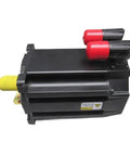 Premium Heavy Duty Mpl B310p Mj72aa Servo Motor 0 77 Kilowatt 460 Volt 5000 RPMs side view showing connectors and yellow shaft.