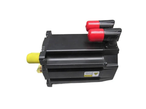 Premium Heavy Duty Mpl B310p Mj72aa Servo Motor 0 77 Kilowatt 460 Volt 5000 RPMs side view showing connectors and yellow shaft.