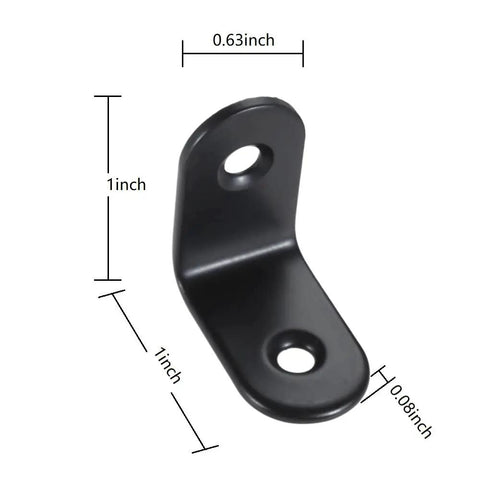 Rock Solid L Bracket Corner Brace 90 Degree Right Angle Wood Shelf Support Kit 16 Pack With Screws Black 1 Inch Mounting Brackets For Furniture And Chairs showing 1 inch black bracket with dimensions.