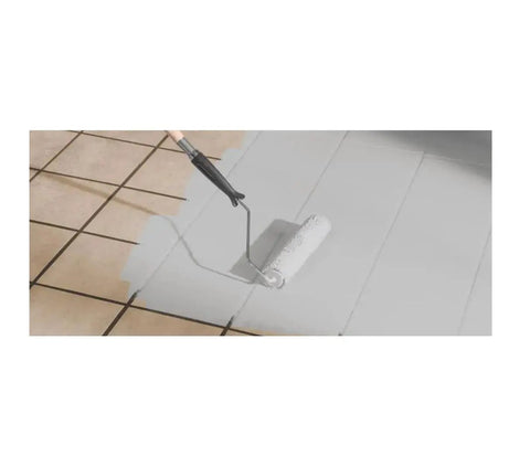 Applying Two Step Home Floor Watercolor Coating Kit White With Easy Diy Application over tile using a paint roller
