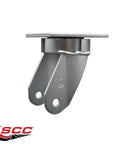 Heavy Duty Rock Solid 6 Inch Swivel Kingpinless Caster Fork Yoke Rig Frame with steel base for moving loads.