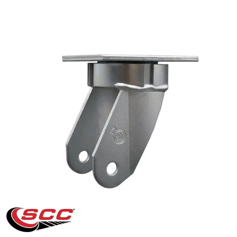 Heavy Duty Rock Solid 6 Inch Swivel Kingpinless Caster Fork Yoke Rig Frame with steel base for moving loads.