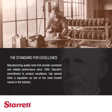 Vintage photo of a craftsman working at a bench with Starrett tool branding and historical information.