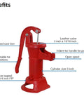 No Lead Cast Iron Hand Water Pump With One And A Quarter Inch Pipe Connection For Shallow Wells Rain Barrels And Garden Use Easy Operation Max Lift Twenty Five To Thirty Feet Durable Pitcher Style, showing features and benefits.