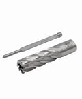 Pro Shop Ready M2AL High Speed Steel Annular Cutter With 3/4 Inch Weldon Shank For Magnetic Drill Press Two Inch Depth Of Cut Cuts Through Steel Without Breaking A Sweat And Comes With Free Pilot Pin, showing cutter and pilot pin.