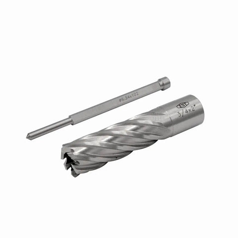 Pro Shop Ready M2AL High Speed Steel Annular Cutter With 3/4 Inch Weldon Shank For Magnetic Drill Press Two Inch Depth Of Cut Cuts Through Steel Without Breaking A Sweat And Comes With Free Pilot Pin, showing cutter and pilot pin.