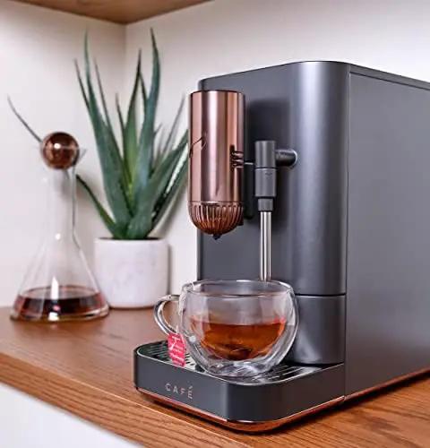 Top Shelf Wifi Automatic Espresso Machine With Built In Milk Frother And Adjustable Bean Grinder One Touch Brew In Under Ninety Seconds Matte Black on a kitchen counter.