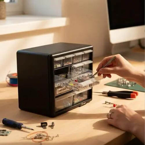 12-Drawer Parts Organizer In Black With Clear View Drawers, Wall Mountable, used for organizing small hardware on a desk