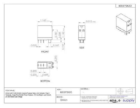 Technical diagram of G2R-1-SN DC24S General Purpose Relay With LED Indicator, dimensions and plug-in terminals, 1 Pole Double Throw Contacts.